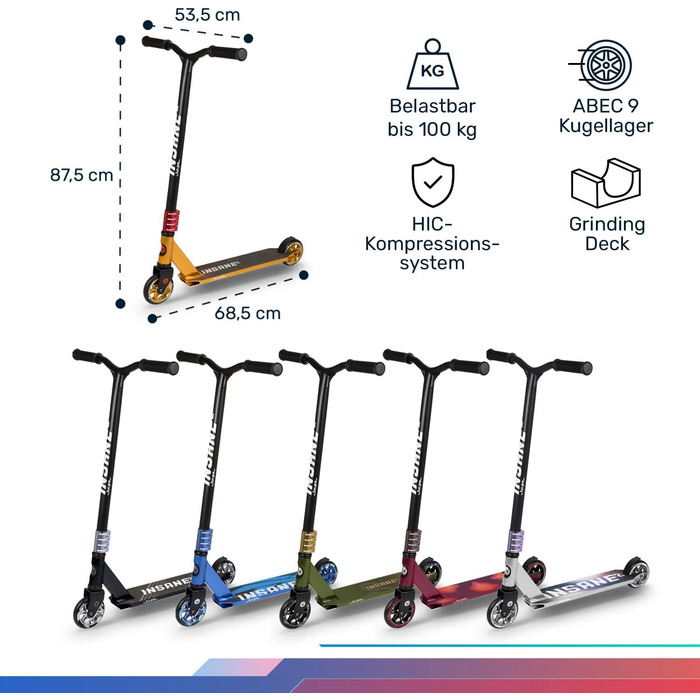 Трюковий самокат Insane2, трюковий самокат з підшипниками ABEC 9, самокат зі стрічкою, колеса 110 мм з алюмінієвими ободами, самок