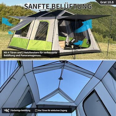 Намет TENPLAY Instant Pop-Up, великий сімейний намет, 2-8 осіб, легке встановлення, Rainfly, 2 кімнати, сумка для перенесення, водонепроникний PU 3000 мм, місткий та повітропроникний, для кемпінгу, пікніків, вечірок