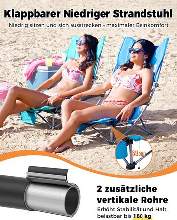 Низький складний пляжний стілець KingCamp, легкий, витримує до 180 кг, складний пляжний стілець із сітчастою спинкою, тримачем для напоїв та сітчастою кишенею, легкий складний кемпінговий стілець, складний стілець для пляжного кемпінгу Hr 2 шт., синє сітч