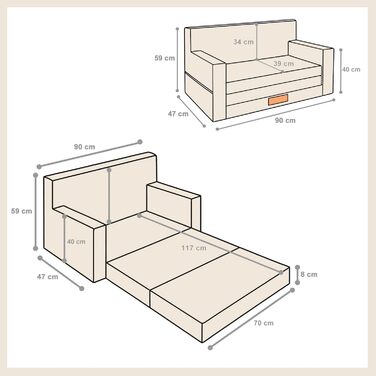 Дитячий диван 3-в-1, вельветовий ігровий диван, розкладний диван та розкладний диван, можливістю персоналізації, виробництво ЄС, (сірий)