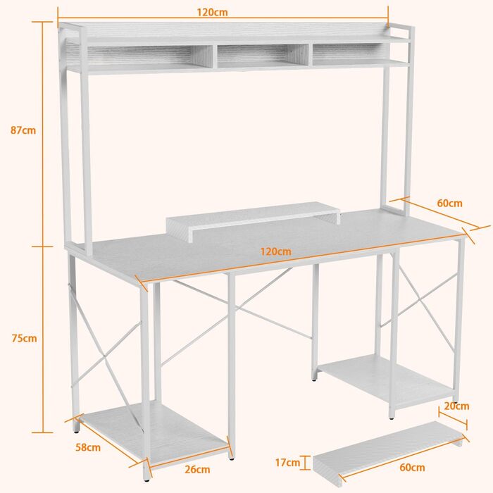 Письмовий стіл Devoko 120 x 60 x 162 см, стіл з місцем для зберігання, комп&39ютерний стіл з полицею та підставкою для монітора, ПК-стіл для домашнього офісу, білий 120 x 60 см