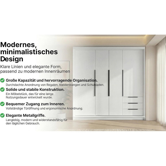 Шафа, 4-дверна з 3 шухлядами 200 x 215 см Шафа з відкидними дверима, рейкою для одягу та полицями, колір K. білий/T. sonoma/S. sonoma
