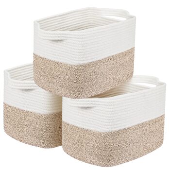 Набір із 3 невеликих кошиків для зберігання, бавовняні полиці-кошики для полиць, дитяча кімната, вітальня, дитяча кімната, ванна кімната, 30x25x24 см, білий та коричневий.