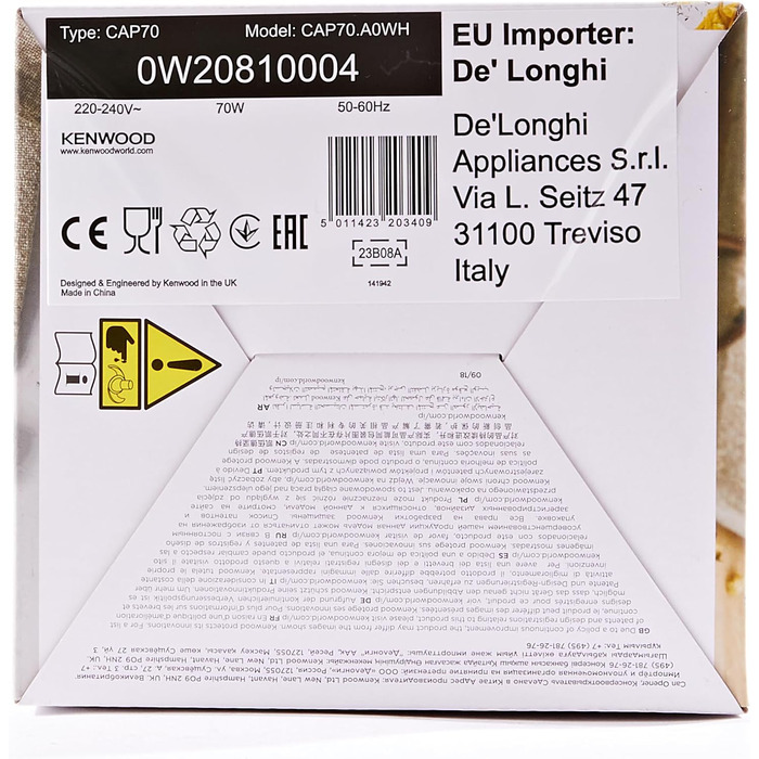 Електричний консервний ніж Kenwood CAP070. A0WH, багатофункціональний кухонний гаджет 3-в-1 із вбудованою точилкою для ножів, відкривачкою для консервів і відкривачкою для пляшок, з намотувачем кабелю, 70 Вт, білий