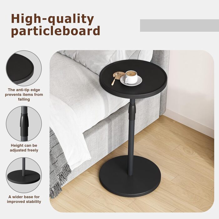 Круглий регульований бічний столик, маленька дерев&39яна тумбочка, бічний столик для диванів, для невеликих приміщень, вітальні, спальні, чорного кольору ET-010BW