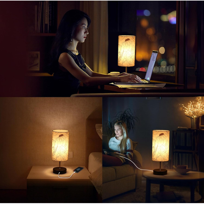Приліжкові лампи ALANTOP Touch Dimmable, з портами USB AType-C, лляний абажур, включає лампочку, приліжковий світильник з 5-футовим кабелем Вилка для спальні Вітальня Льон-1