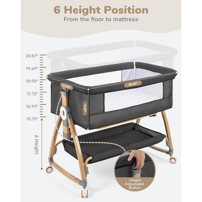 Дитяче ліжко COMOMY 3-в-1, дитяче ліжечко, дитяча колиска на колесах, включаючи матрац та москітну сітку, регулювання висоти в 6 напрямках