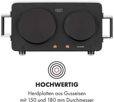 Електрична подвійна конфорка Klarstein Cookorama, 2250 Вт, маса варильних поверхонь 150/180 мм Ø, світлові індикатори, ручки для захоплення, 5 рівнів, варильна поверхня, кемпінг, чорний чорний 2250 Вт