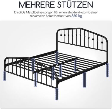 Каркас ліжка Yaheetech 160 x 200 см, вінтажне металеве ліжко з узголів&39ям у формі корони, міцний каркас двоспального ліжка з металу, надійне та легке складання, гостьове ліжко, дитяче ліжко, кушетка, чорний колір 160 x 200 см