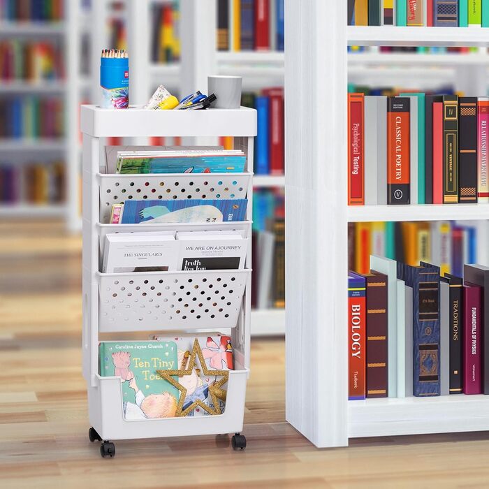 Невеликий книжковий візок, книжкова шафа з колесами, візок для рукоділля, вузький візок для зберігання, 5 ярусів, візок з книжковою полицею для вітальні, спальні, офісу, бібліотеки, чисто білий