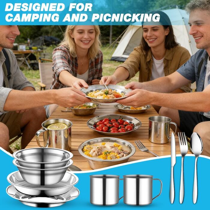 Набір посуду для кемпінгу, 15 предметів, нержавіюча сталь тарілки, миски, чашки, виделки, ложки та чохол для зберігання. Посуд з нержавіючої сталі для кемпінгу, походів та пікніків