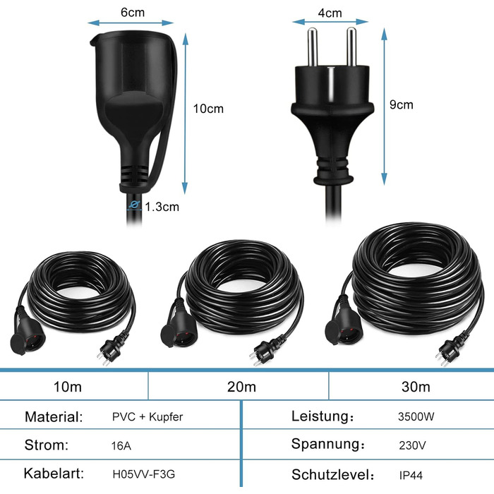 Подовжувач Aufun 10 м із захисним ковпачком на вулиці, вставка для зовнішнього використання, подовжувач кабелю живлення 3500 Вт, 230 В IP44 з вилкою Schuko, захисний контактний кабель на будівельному майданчику (10 м)