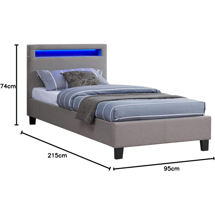 М'яке ліжко Гімалаї зі світлодіодним підсвічуванням односпальне молодіжне ліжко 90x200 см з рейковим каркасом, в сірому тканинному