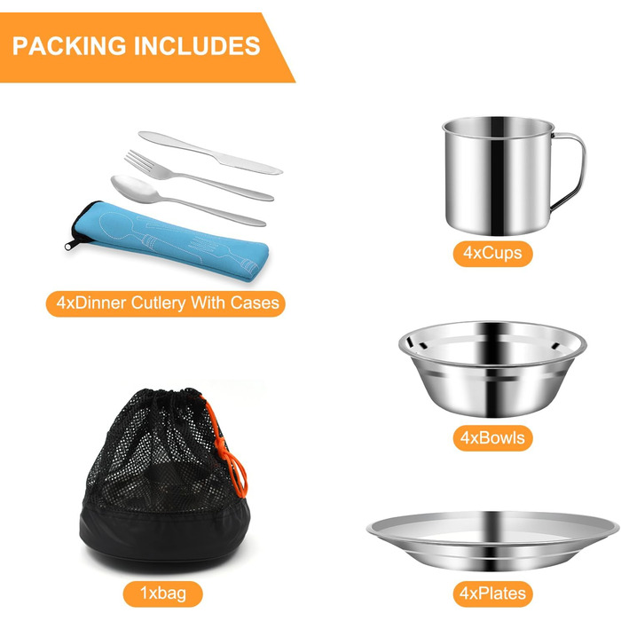 Набір столових приборів з нержавіючої сталі з 29 предметів миски, тарілки, чашки, виделки, ложки та ножі для 4 осіб, сріблястий