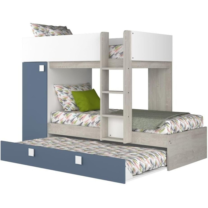 Двох'ярусне ліжко для двох дітей з висувним ліжком і шафою Колір білий потертий і блакитний