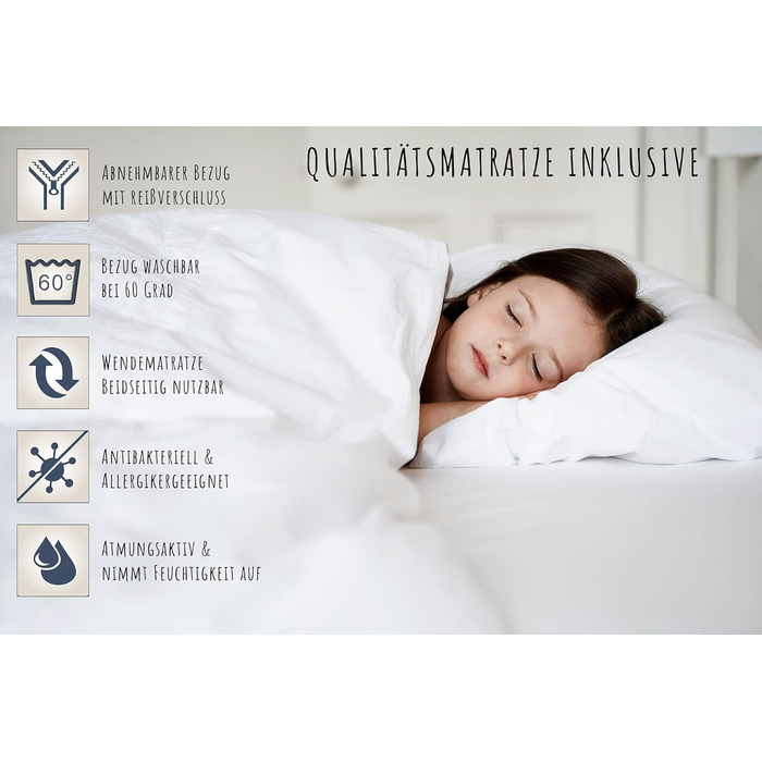 Дитяче ліжко Kids Collective 80x180 з матрацом, захистом від падіння та рейковою основою білого кольору, підходить для дівчаток, хлопчиків та підлітків.