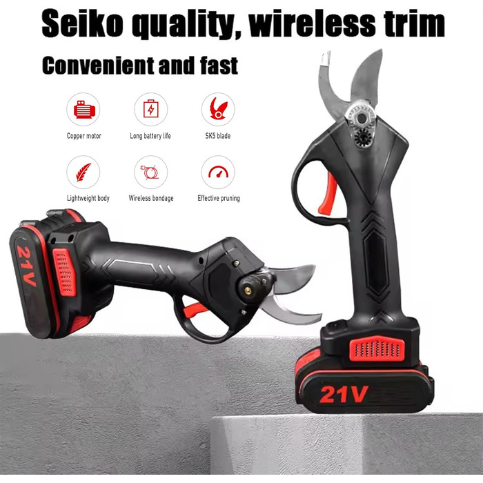 Електричні садові ножиці, бездротові, 25 мм, з 2 батареями (21 В), працюють від акумулятора, для садівництва, фруктових дерев та виноградників