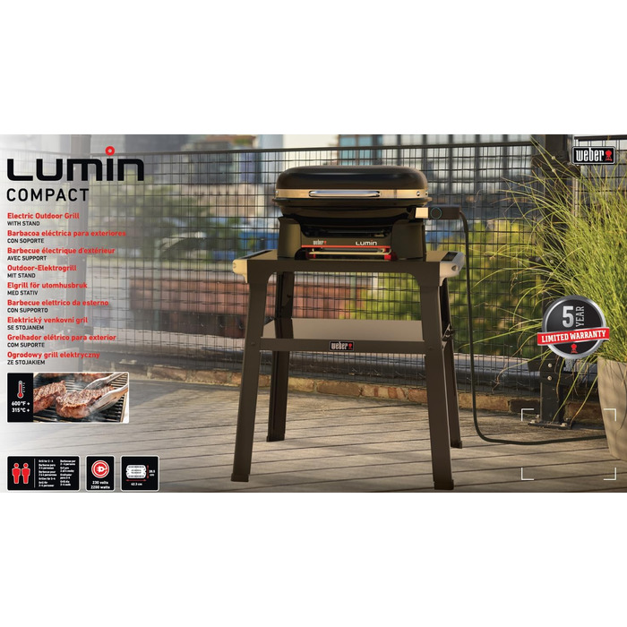 Компактний електрогриль Weber Lumin Compact на підставці, до 315 C, з термометром на кришці, чавунними решітками з порцеляновим покриттям, площа гриля 43 x 32 см, чорний (1501653) з підставкою Lumin Compact 2026