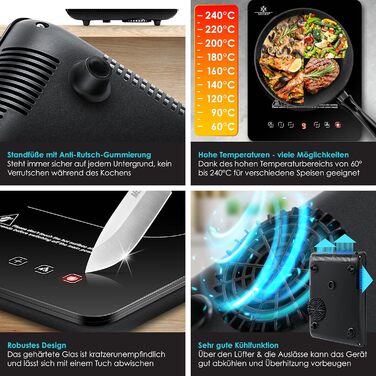 Індукційна варильна поверхня KESSER Індукційна варильна поверхня 1 тарілка 2100 Вт портативна 28 см 3 тканини з мікрофібри книга рецептів, 9 налаштувань нагріву, 8-годинний таймер, сенсорне керування, функція бустера 220-240 В Конфорки - 1