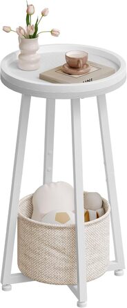 Круглий бічний столик HOOBRO, маленька тумбочка, сучасний диван-столик, журнальний столик з піднятим краєм та бежевим тканинним кошиком, для невеликих приміщень, вітальні, гуртожитку, білий EWW183BZ01