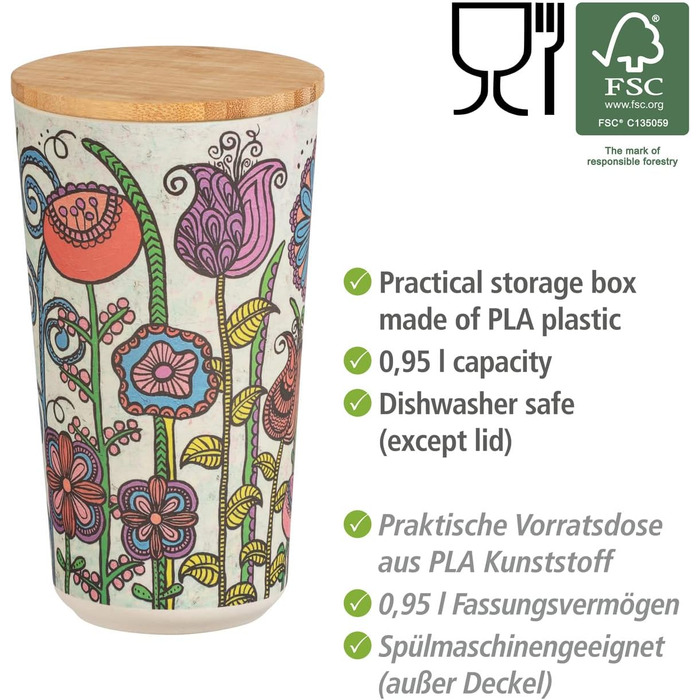 Контейнер для зберігання квітів WENKO, контейнер для зберігання продуктів у квітковій формі з кришкою з бамбука, герметичне зберігання продуктів на кухні, без BPA, місткість 0,95 літра, Ø 10,5 x 18,5 см, різнокольоровий