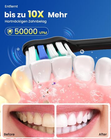 Електрична звукова зубна щітка для дорослих та дітей, 5 режимів чищення з 3 рівнями інтенсивності, 8 змінних насадок та дорожній футляр, акумуляторна зубна щітка (, в упаковці) Чорна