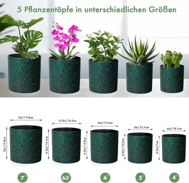 Набір з 5 квіткових горщиків з блюдцями, 17,8 см/15,2 см/14 см/12,7 см/10,2 см, пластикові кашпо, набір квіткових горщиків, ідеально підходить для кімнатних та балконних садів, чорний із зеленими цятками 765,554 дюймів (5 шт.) чорний із зеленими цятками