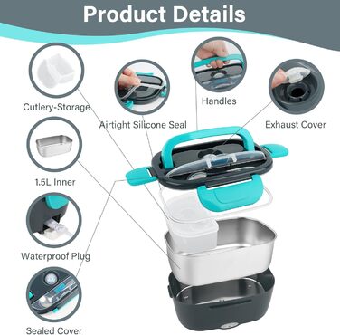 Електричний ланчбокс VMUTGA 1,5 л, 60 Вт, з підігрівом від 12В/24В/220В. Термоконтейнер для гарячих обідів з сумкою, виделкою та ложкою з нержавіючої сталі для автомобіля, вантажівки, офісу.