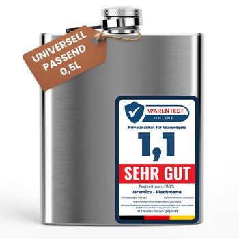 Фляга з нержавіючої сталі об&39ємом 0,5 л, срібляста, з гвинтовою кришкою - герметична, місткість 500 мл, 17x13x3 см - багаторазова пляшка для алкоголю, кишенькова фляга, півлітра, 18 унцій, 1 x 500 мл