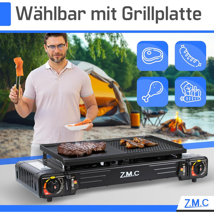 Газова плита для кемпінгу ZMC PREMIUM, 2 конфорки гриль-пластина 45x24 см 16 газових картриджів (227 г), кемпінгова плита із запобіжником запалювання для використання на вулиці та в приміщенні, настільна подвійна газова плита з п&39єзорозпалом для балкону