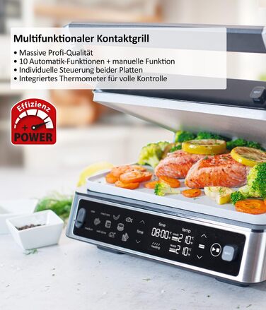 Електрогриль Genius Chef з корпусом із нержавіючої сталі для стейків та сендвічів, знімні панелі, набір 6 предметів, сірий