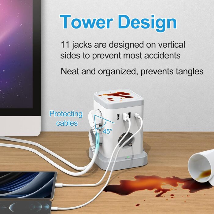 В 1 багаторазова розетка з USB, 7-контактний подовжувач живлення із захистом від перенапруги з 3 USB A та 1 USB C, багаторазова вилка з вимикачем, куб розетки з кабелем 2M, розподільна розетка USB C, 11