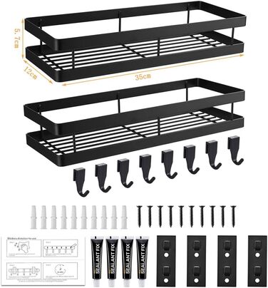 Підставка для спецій без свердління, кухонна полиця Auciej, настінна підставка для спецій, підвісна металева, 2 яруси з 8 знімними гачками, полиця для душу для кухні, ванної кімнати, балкону, 35 x 12 x 5,7 см, чорна
