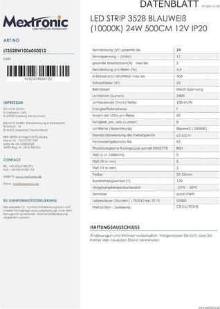 Світлодіодна стрічка Mextronic 12 В/24 Вт 5 м 12 В холодна біла синя та біла (10000K) з можливістю затемнення IP20