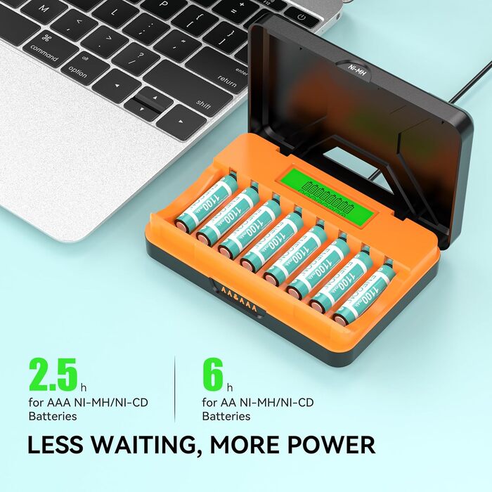 Швидкий зарядний пристрій ENEGON на 8 відсіків для батарейок AA/AAA з РК-дисплеєм 8 акумуляторних нікель-металгідридних батарейок AAA (1100 мАг), зарядна станція USB-C з відділенням для зберігання для пультів дистанційного керування, термометрів та електр
