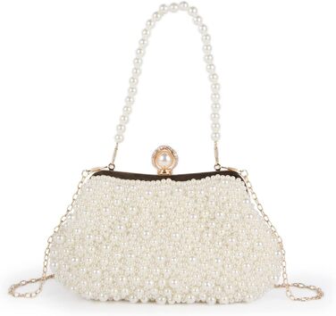 Жіноча перлова клатч-сумка для вечірок, весілля. Вечірня сумочка з кристалами та перловим ланцюжком, бежевий колір.