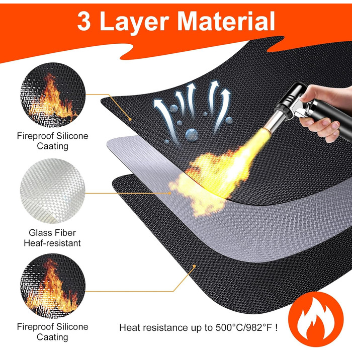 Вогнетривка накладка 2 шт. и, силіконовий вогнезахисний килимок зі скловолокна для стільниці, термостійкий килимок для аерофритюрниці кавоварки для мікрохвильової печі, протиковзкий водонепроникний 40 x 60 см, чорний