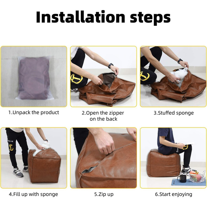 Пуф-табурет Пуф ручної роботи зі штучної шкіри без наповнювача, 45 см, наповнювач своїми руками з перероблених матеріалів, екологічно чистий, коричневий, витримує до 100 кг, для вітальні та спальні