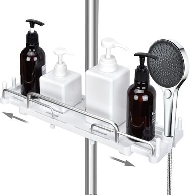 Душова полиця без свердління, телескопічна 32-48 см, душова полиця для підвісного органайзера для ванної кімнати, душова полиця без свердління, стійка для зберігання душової штанги для душової штанги 18-25 мм (біла)