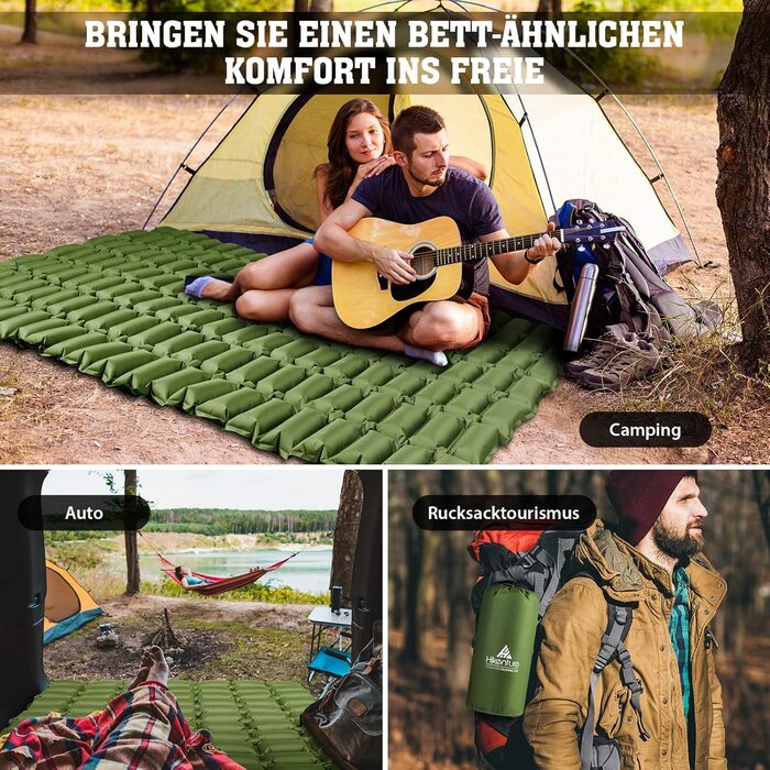 Килимок для кемпінгу HIKENTURE для 2 осіб, подвійний килимок для сну, надлегкий, надувний повітряний матрац, невеликий розмір упаковки з мішком-насосом, компактний килимок для сну, килимок для кемпінгу для активного відпочинку, походів, пляжу - зелений