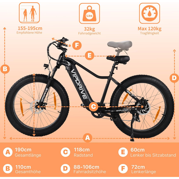 Чоловічий електричний велосипед Vipdrive E Bike зі знімним акумулятором 48V 15Ah, 26-дюймова жирна шина, 7-швидкісний електронний велосипед з РК-дисплеєм, електронний велосипед 25 км/год, 80-100 км Чорний 15AH 720Wh 85Nm.