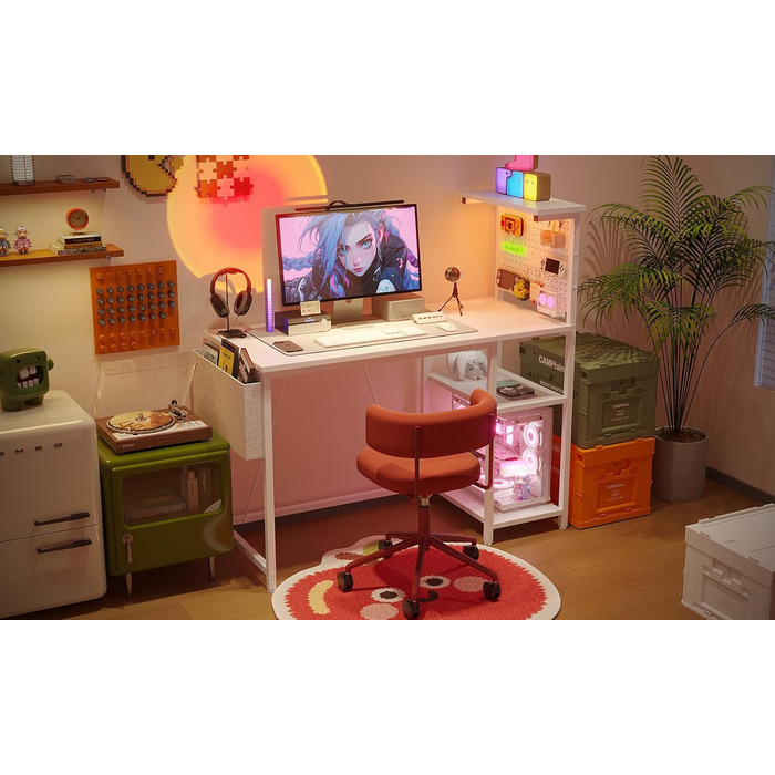 Ігровий стіл 100 x 50 см з перфорованою дошкою, розеткою, невеликим комп&39ютерним столом з двосторонніми полицями та сумкою для зберігання для домашнього офісу, білий 100 x 50 см