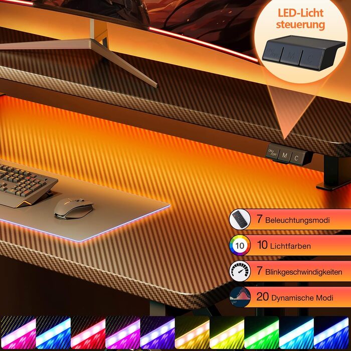 Ігровий стіл ODK, Невеликий ігровий стіл зі світлодіодним освітленням, Комп&39ютерний стіл 80 см з полицею для монітора, Чорний стіл для ПК з вуглецевого волокна 80 см