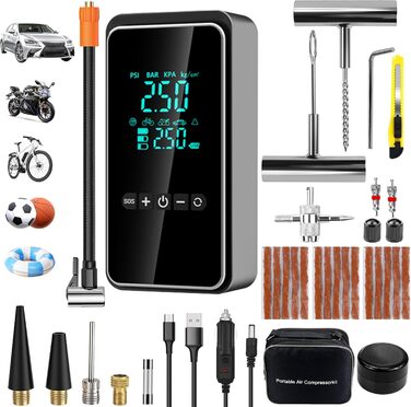 Електричний повітряний насос, портативний електронний повітряний насос з комплектом для ремонту шин, електричний компресорний вело