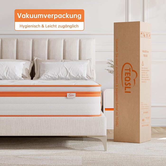 Матрац TeQsli з гелевими пружинами 140x200 см, висота 25 см, 7-зонний пружинний матрац з гелевою піною з ефектом пам&39яті, ергономічна підтримка та зняття тиску, H3 H4, сертифікований Oeko-Tex та CertiPUR, 25 см, 140 x 200 см