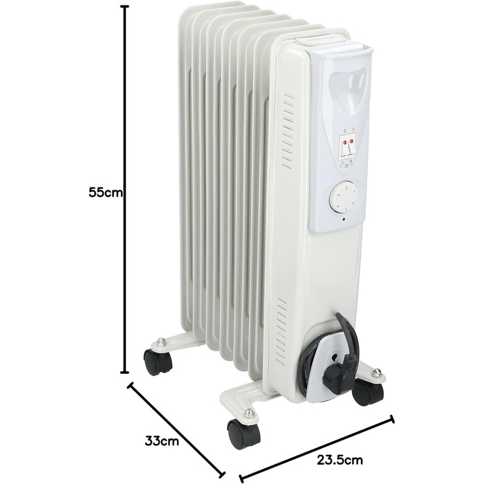 Масляний радіатор Alpina 1500 Вт Електричний обігрівач з термостатом Електричний радіатор опалення Портативний електричний радіатор на колесах Компактний електричний підставний обігрівач із захистом від перегріву Білий