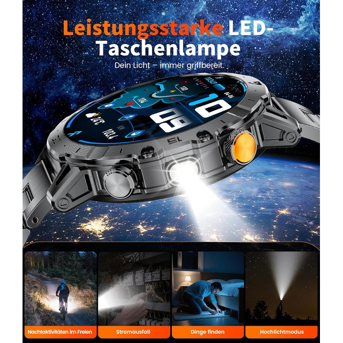 Розумний годинник SUNKTA для чоловіків, великий акумулятор 1000 мАг, 1,7-дюймовий HD-дисплей, Bluetooth-дзвінки, сумісний з iOS та Android, зі світлодіодним ліхтариком, пульсометром/монітором сну/крокоміром, сірий, включає 3 браслети та 2 зарядні пристрої