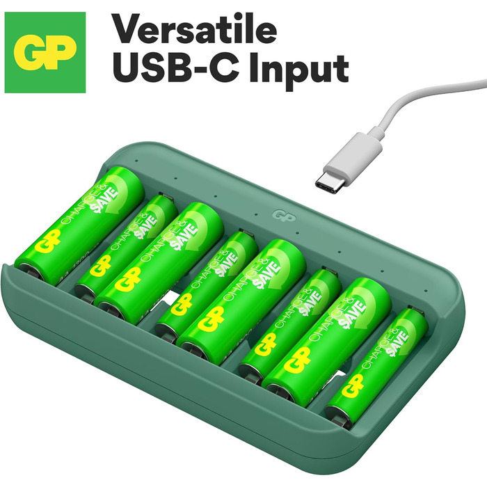 Зарядний пристрій GP Charge&Save для акумуляторів AA AAA з 8 зарядними слотами 4 батарейки AA та 4 батарейки AAA Зарядний пристрій USB-C Швидка зарядка, гнучке заряджання з окремими слотами, багатофункціональний захист, світлодіодний індикатор стану Компл