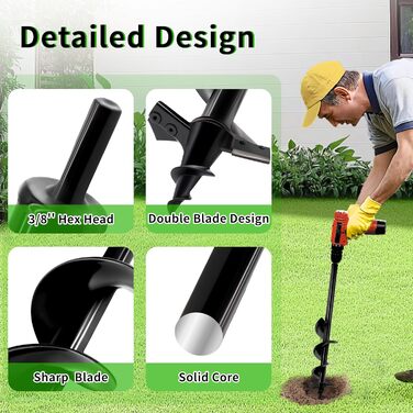 Бурильний свердло SYITCUN 10x60 см для твердого та кам'янистого ґрунту, важкий бур для посадки рослин з подвійним заточуванням, садовий спіральний бур та копач ям, сумісний з патронами 3/8 з шестигранним хвостовиком