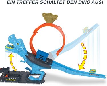 Гоночний трек Hot Wheels T-Rex атака, гра на спритність завдяки точному розрахунку часу та прицілюванню, з петляючою трасою, автом
